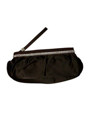 Vintage Walborg Brown Satin Wristlet Evening Clutch Rhinestone Accents Zip Close
